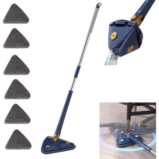 Balai Triangulaire Rotatif 360° Avec Manche Extensible - Tête Microfibre Et Chenille - Pour Sols, Murs, Fenêtres, Plafonds - 5