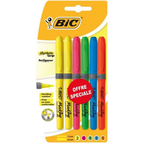 BIC® - Lot de 6 Surligneurs Brite Liner - Plastique - Jaune, rose, vert, bleu et orange