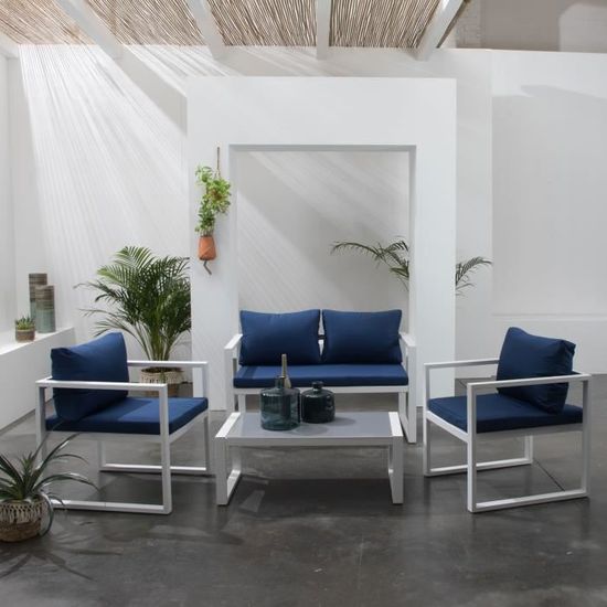 Salon de jardin IBIZA en tissu bleu 4 places - aluminium blanc - HAPPY GARDEN - Design - Jardin