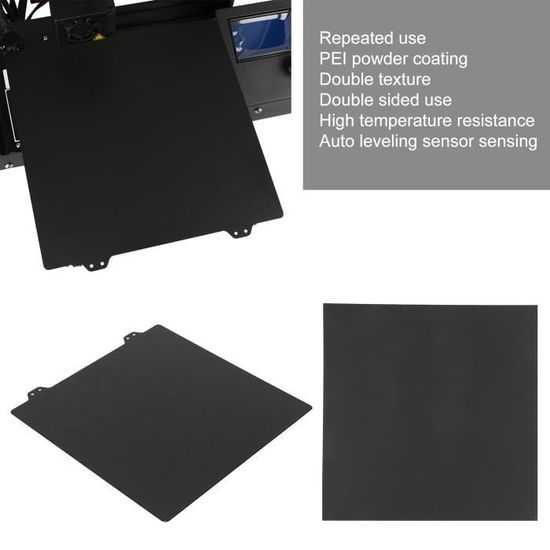 Plaque PEI Double Face Texturée Givrée Raise3D Pro3 – 347×368 Mm, Épaisseur 0.5 Mm, Adhérence Parfaite PLA ABS TPU, Retrait Facile