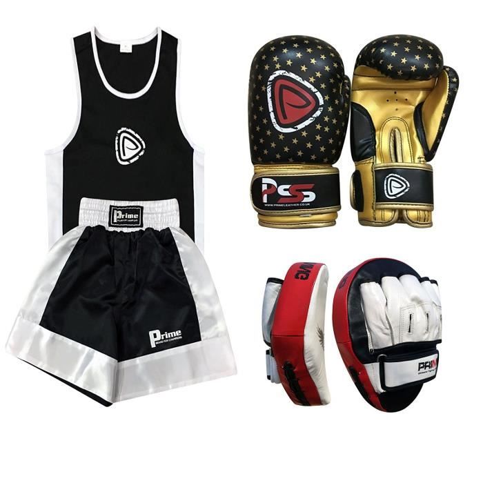 UNIFORME DE BOXE POUR ENFANTS AVEC LA TENUE (HAUT + SHORT) 5-6 ANS, LA PAIRE DE GANT TAILLE :4oz ET 2 PATTES D’OURS – NOIR