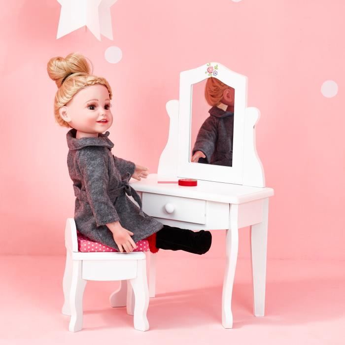 Meuble coiffeuse avec tabouret miroir tiroir pour poupée poupon jouet Olivias Little World TD-0207A
