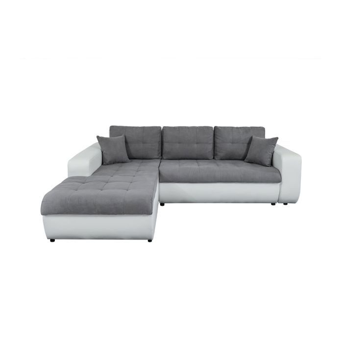 Canapé d'Angle Gauche SUZIE Convertible en Simili et Microfibre Blanc - Gris