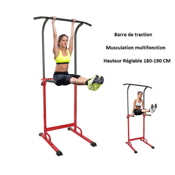 GMM® Barre de traction, Hauteur ajustable, Dip station musculation Multifonction, Pull up Entraîneur, Noir et rouge