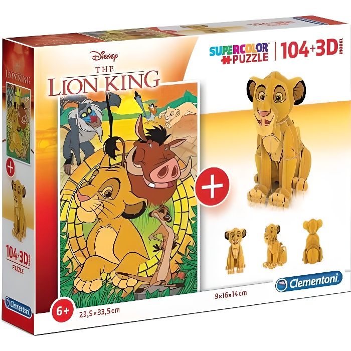 Coffret 2 Puzzles Enfant Disney Roi Lion : 1 Puzzle Simba Et Ses Amis 104 Pieces + 1 Puzzle 3D Simba Le Roi Lion
