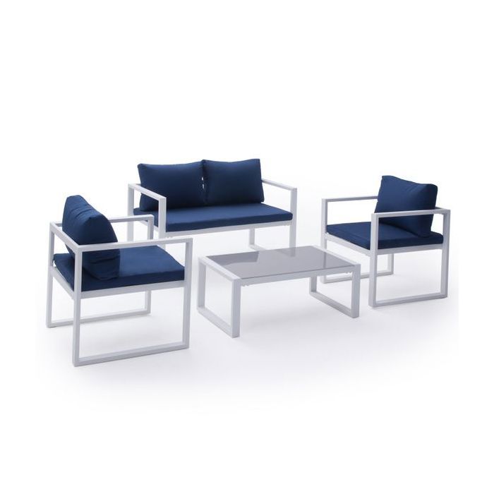 Salon de jardin IBIZA en tissu bleu 4 places - aluminium blanc