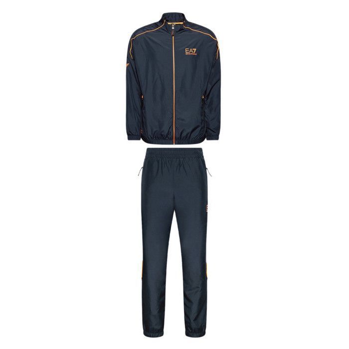Ensemble de survêtement EA7 Emporio Armani - Réf. 6KPV03-PNP6Z-1578. Couleur : Bleu marine, Orange. Détails du veste. - Col montant.