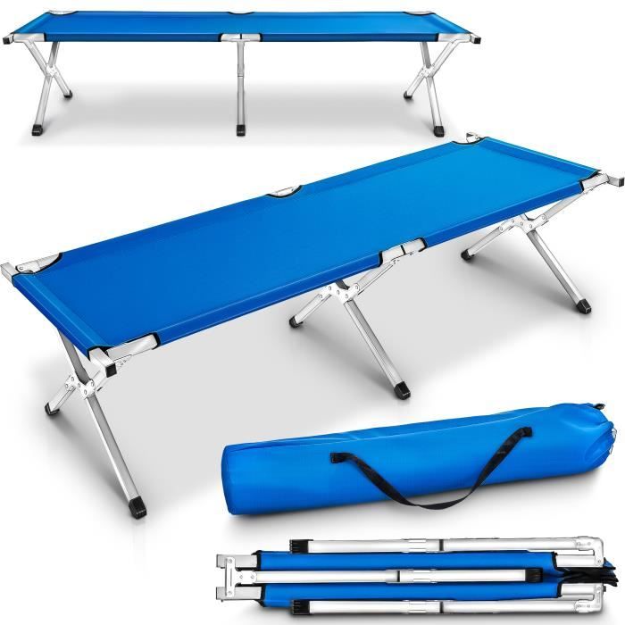 TRESKO XXL lit de camp pliable pour camping BLEU 190 x 64 x 44 cm tubes métalliques - charge maximal 150kg