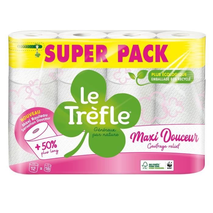 LE TREFLE Papier toilette Maxi douceur - Blanc - x12 = 18 rouleaux