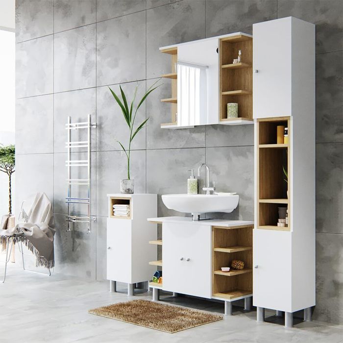 ensemble meubles de salle de bain blanc chêne - rangements étagères placards - 4 pièces - moderne