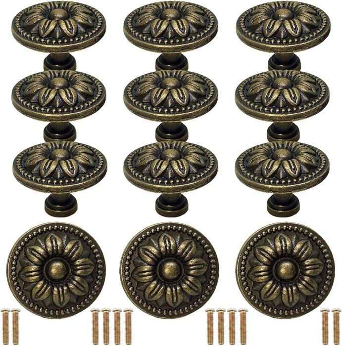 12pcs Bouton Tiroir Vintage avec Vis, Poignées de Meuble Cuisine Bouton Porte Meuble Pull