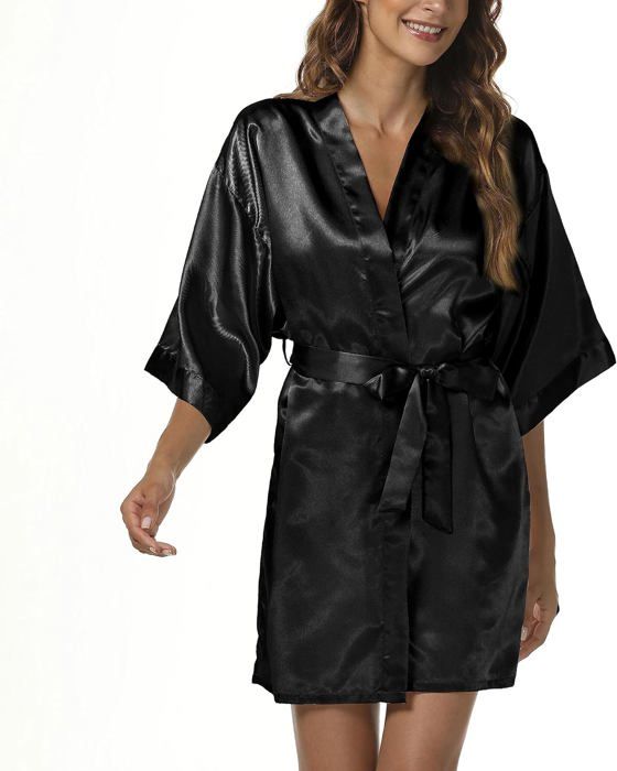 Peignoir De Bain Femme Court En Satin - Kimono De Mariée Ou Robe De Chambre - Col V, Manches 3/4, Poches - Taille S à XXL - Cadeau élégant