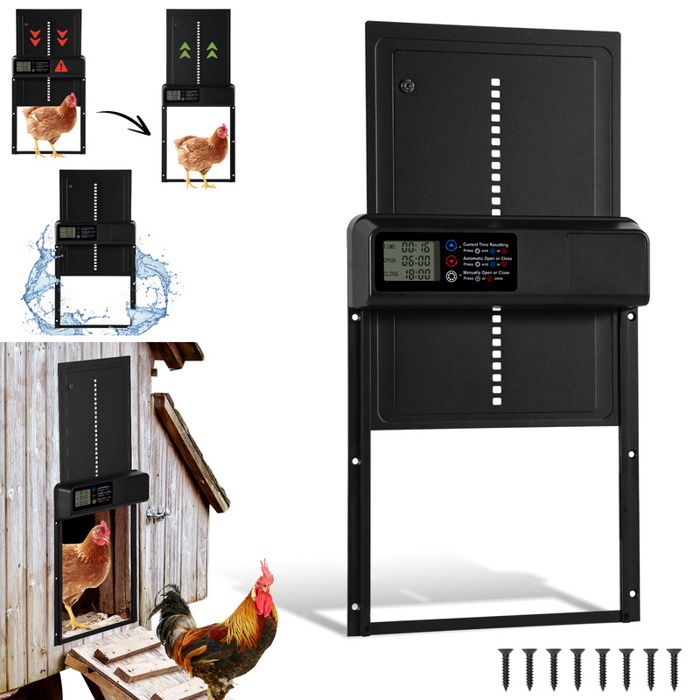 Comparer les prix de Clanmacy Porte poulailler automatique avec minuterie, alliage d’aluminium, LED, IPX4 étanche, 33 x 24,5 cm POULAILLER