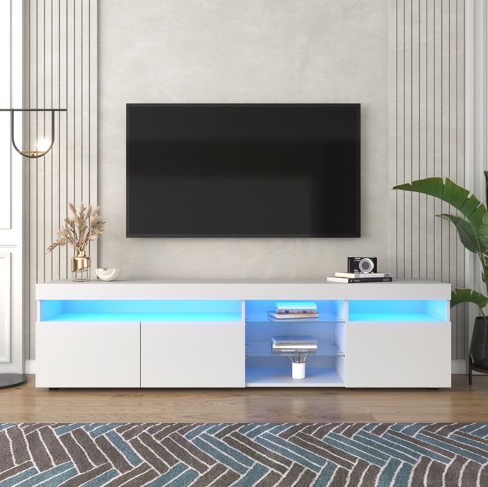 Meuble TV Moderne avec Lumineuse LED Blanc Etagère en verre 3 Portes Buffet Meuble de Rangement pour Salon et Chambre 180x35x45 cm