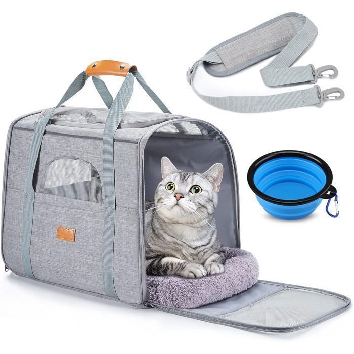 Meilleurs prix pour Sac Transport Chat ChienRespirant et Pliable Caisse De Transport Chat avec Tapis Amovible Doux et Bandoulière pour Voyage Gris