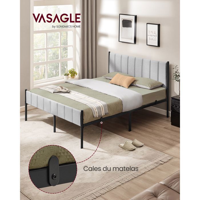 VASAGLE Cadre de Lit Double 160 x 200 cm avec Tête de Lit Rembourrée en Acier Supporte Jusquà 500 kg Gris Tourterelle