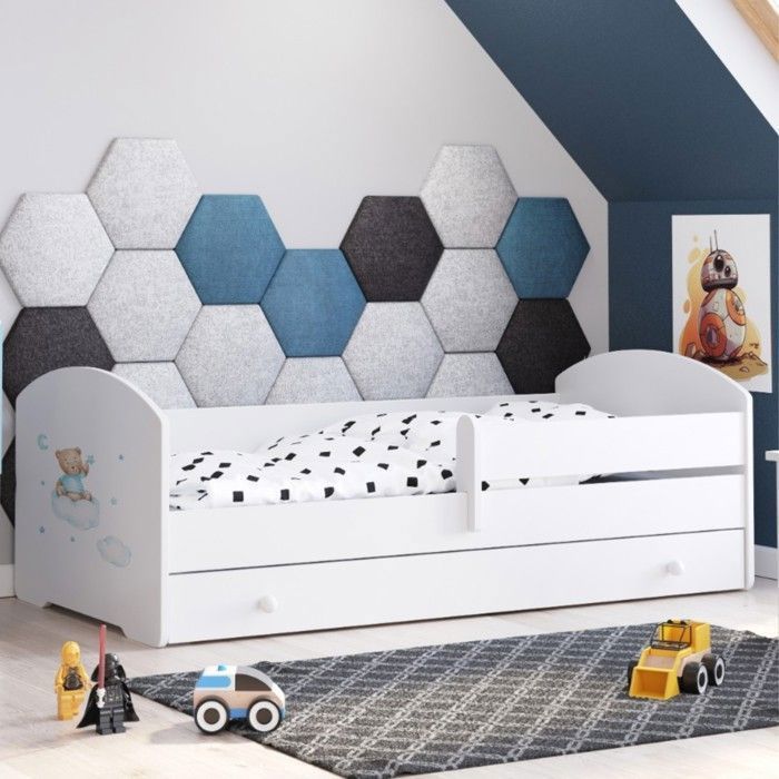 Lit pour enfant LUK 160x80 avec barrière de sécurité tiroir et matelas – motif Ourson Bleu