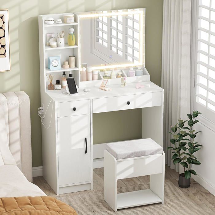 Ensemble Coiffeuse et Tabouret avec Miroir LED COSTWAY Couleurs Réglables Station de Charge 2 Tiroirs Espace de Rangement Blanc Ensemble Coiffeuse et Tabouret avec Miroir LED COSTWAY Couleurs Réglables Station de Charge 2 Tiroirs Espace de Rangement Blanc