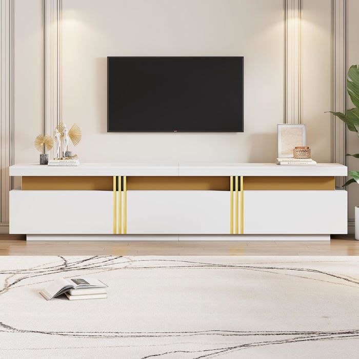 Meuble TV 200 cm Imitation Marbre 3 Tiroirs & Lignes Dorées Moderne Banc TV Longueur pour Télévisions Max 90 PoucesBlanc et Or