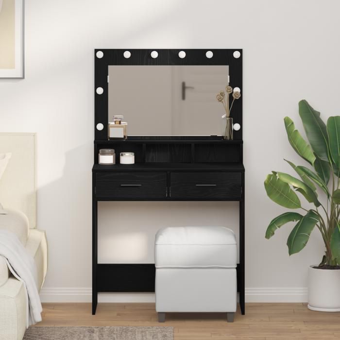 Coiffeuse - Chêne Noir - 79x41x135 cm - 2 tiroirs - Éclairage LED