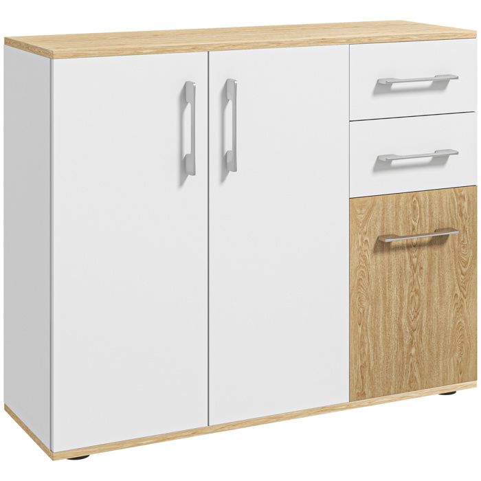 Buffet - HOMCOM - 3 portes 2 tiroirs et étagère réglable - panneau de particules - 90 x 30 x 755 cm - blanc et bois naturel