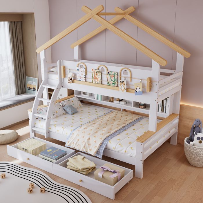 Lit superposé enfant- MODERNLUXE - 90x200cm+120x200cm - 2 tiroirs - Étagères - Bois massif/MDF - Blanc+Naturel (matelas non inclus)
