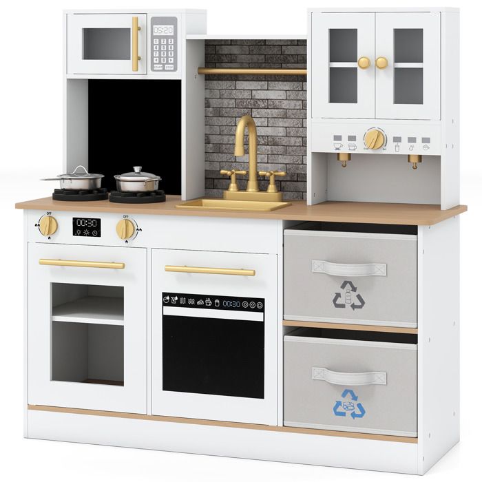 DREAMADE Cuisine Enfant en Bois avec Cuisinières et Sons Jouet d’Imitation de Cuisine avec Évier Robinet Micro-ondes Naturel