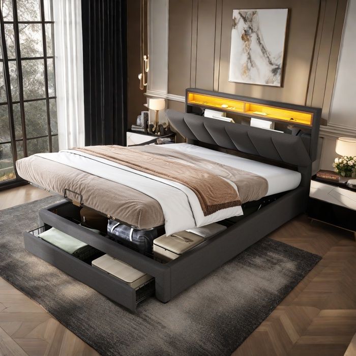 Lit coffre double 140x190 cm - Tissu lin gris - LED intégrée - 2 tiroirs - Sommier inclus