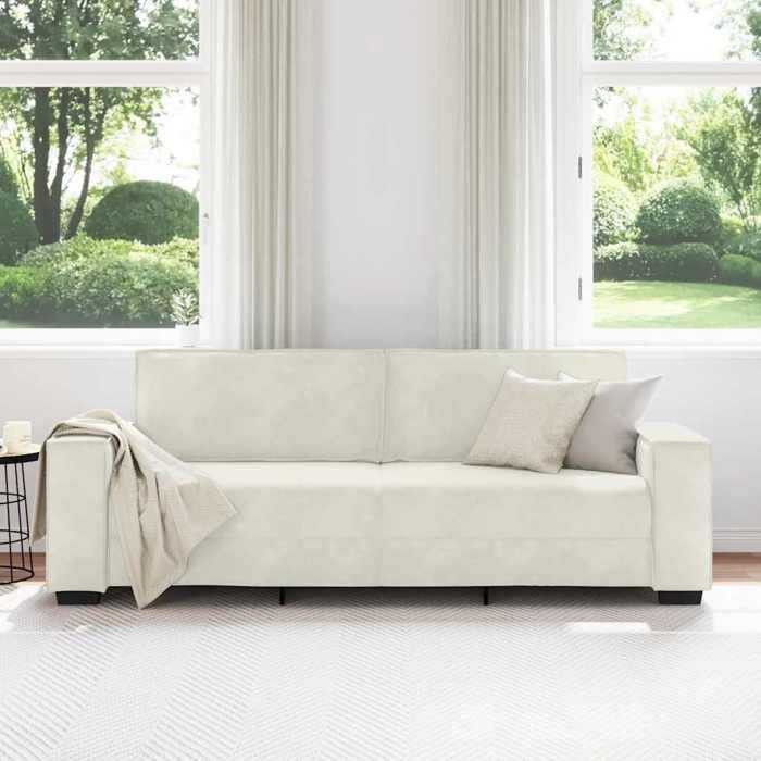 Canapé 3 places en velours - SOLOMOON - Crème - 180 cm - Velours doux - Accoudoirs larges - Rembourrage confortable
