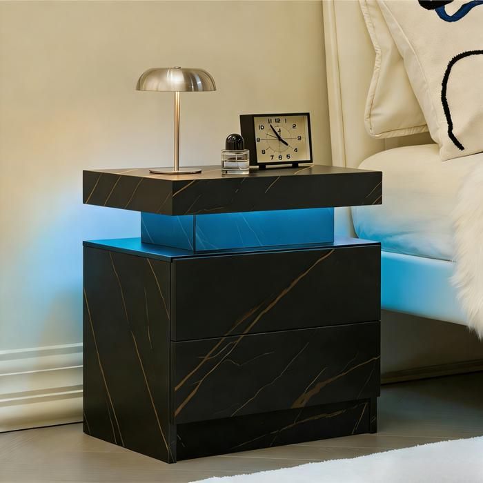 Table de chevet - BELLEMAVE - 2 Tiroirs LED Multicolore Réglable - pour chambre à coucher - noir et or