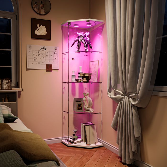 Vitrine en Verre LED Pentagonal ADWOLT Vitrine pour Collection avec Serrure 1 porte 4 étages lampe à tapoter Blanc