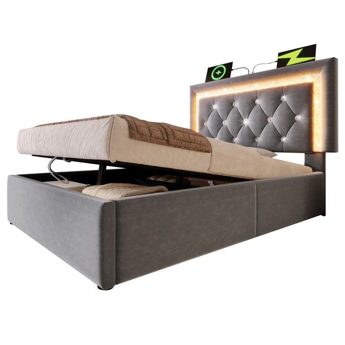 Lit Simple Capitonné Velours Gris 90x200cm-Bande LED Diamant USB Type-C-Coffre Hydraulique Sommier Lattes-sans Matelas-Rangement LED