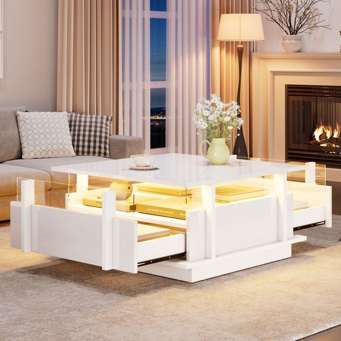 Table Basse 70x70x35 cm Table de Salon LED avec 2 Tiroirs Bordures Acryliques Transparentes USB et Finition Brillante - Blanc