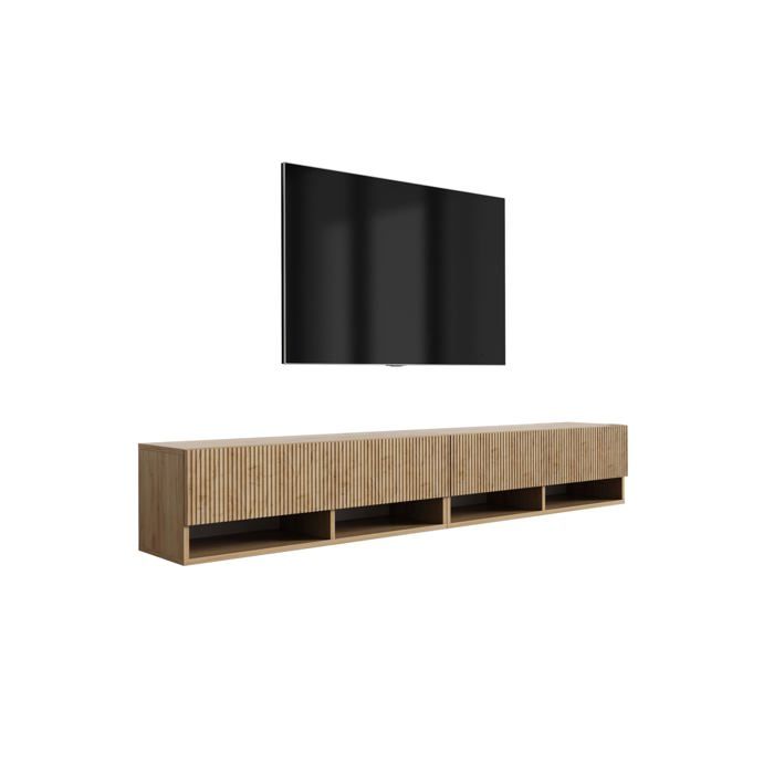 Meuble TV mural - Chêne Craft - 200 x 32 x 33 6 cm - Façades rainurées - Étagère et placard
