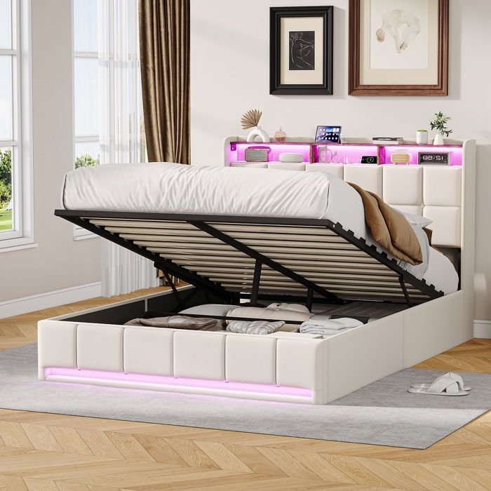 Lit 160x200 cm Lit Coffre Lit Double avec Rangement Lit Rembourré avec LED et Tête de Lit Lit en Tissu Lin Lit Adulte Beige