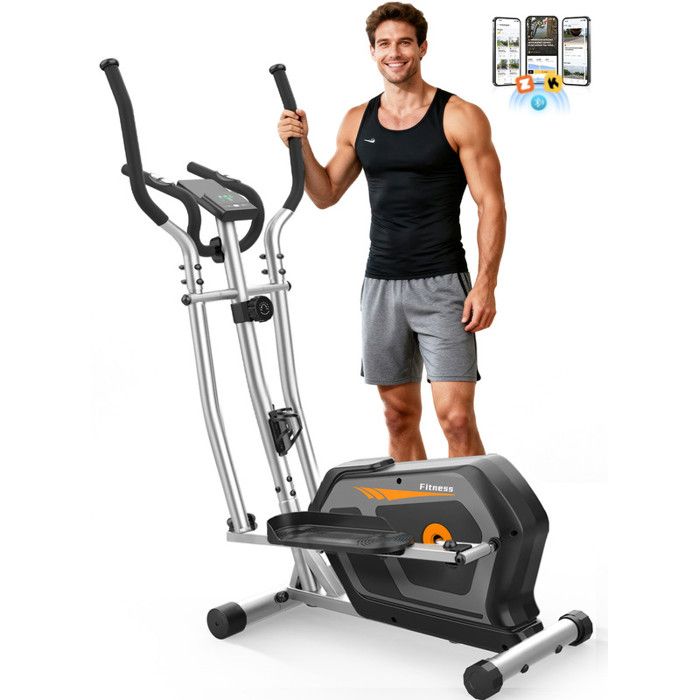 Vélo elliptique Fogwake 3 - en - 1 Silencieux 16 Niveaux de Résistance Jusquà 130 kg Écran LCD Ultra HD BT APP Argenté Orange