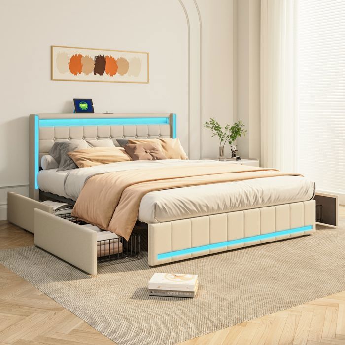 Lit Coffre 140x190 cm avec LED 4 Tiroirs Tête Capitonnée Ports USB Sommier à Lattes Lin Beige Lit Double Sans Matelas