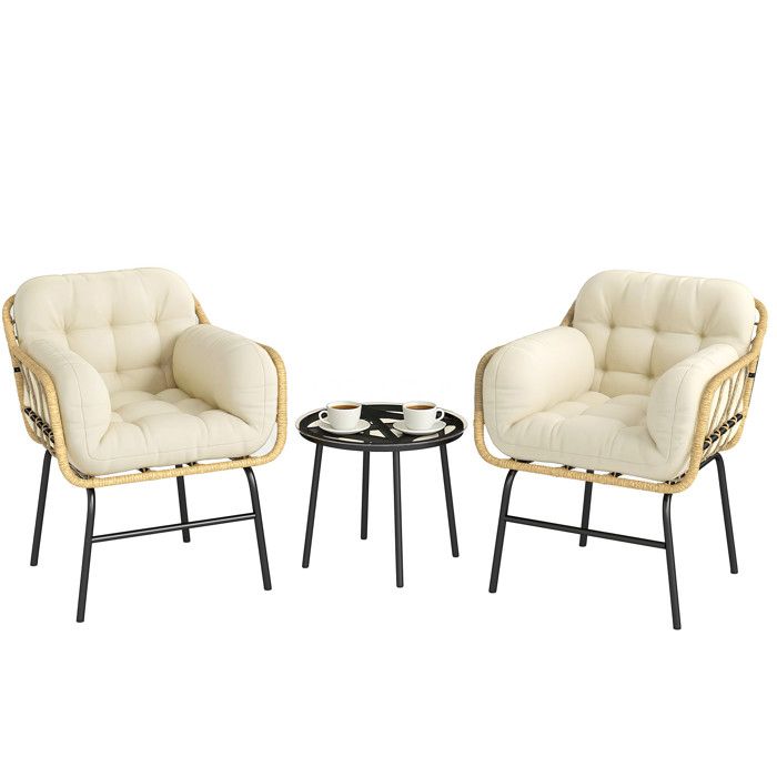 Salon de jardin extérieur - Outsunny - 3 pièces table basse 2 fauteuils avec coussins - résine tressée verre - 62x73x79cm - crème