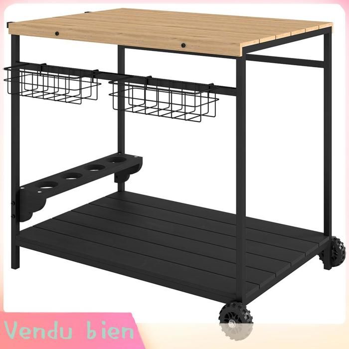 LIA Desserte de jardin chariot pour plancha barbecue en bois et métal avec poignée 2 plateaux 2 paniers et porte-bouteilles