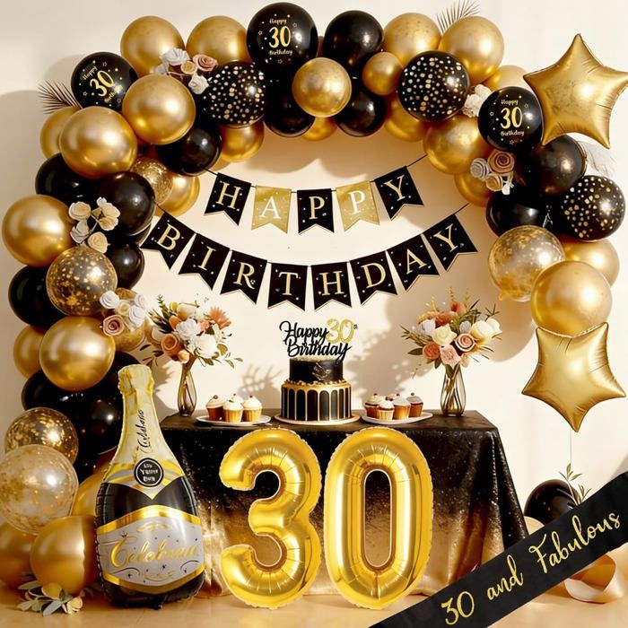 Décorations danniversaire 30 ans pour hommes et femmes - Ballons de fête noir et doré - Adaptables pour arche de ballons