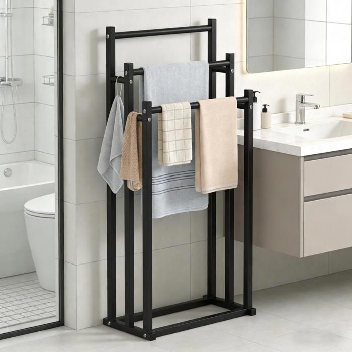 SUPFINE Porte Serviettes sur Pied Support Salle de Bain avec 3 Barres en Acier Inoxydable pour Vêtements Couvertures 44×22×86cm