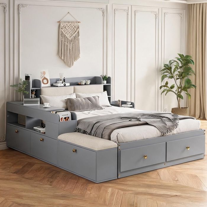 Lit combiné en bois massif neutre gris 140x200 cm avec tête de lit rangement canapé banc chevets et tiroirs
