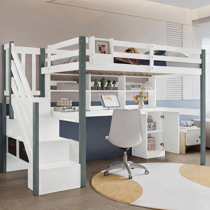 Lit mi-hauteur avec bureau rangements et boîtes tissu - Pin et MDF - Cool gray et blanc - 90x200 cm