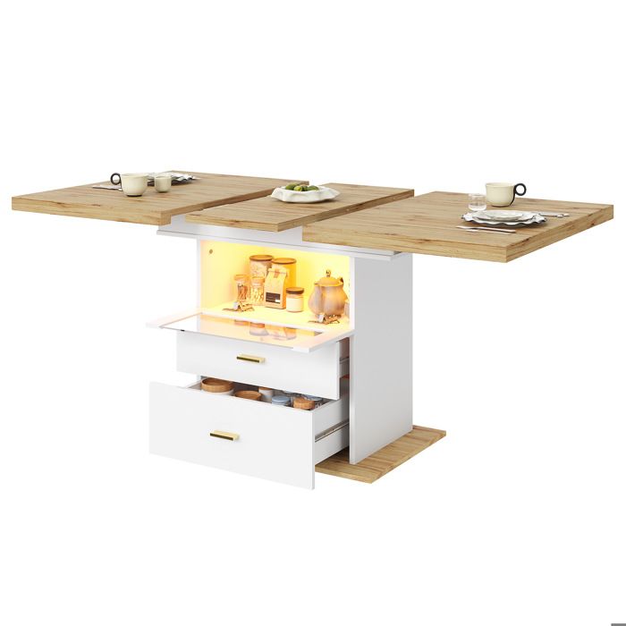 Table extensible 110-140 cm avec LED et appli pour cuisine et salle à manger meuble avec rangement placage MDF