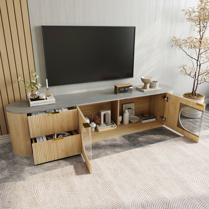 Meuble TV bas design moderne avec portes rainurées 3D vitrine ovale verre gris rangements multiples aspect bois naturel