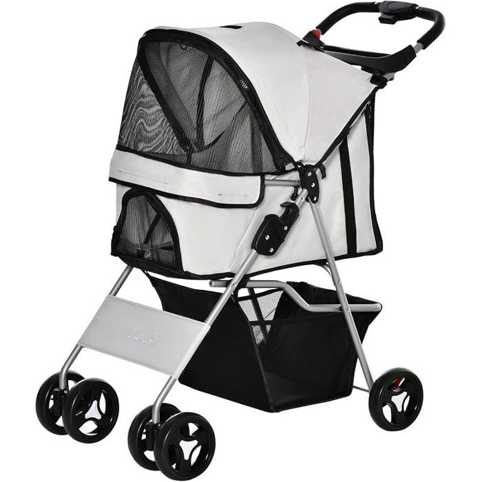 Poussette buggy pour chiens 77L x 45l x 99 5H cm pliable imperméable tissu 600D Oxford 4 roues gris