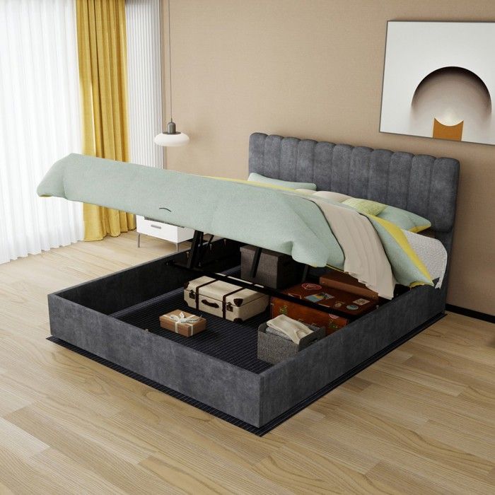 Lit double rembourré gris 160x200 tête confort sommier coffre gaz multifonction chambre sans matelas Lit double rembourré gris 160x200 tête confort sommier coffre gaz multifonction chambre sans matelas