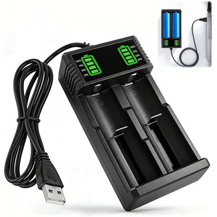 Chargeur Accu Chargeur de Batterie 3 7V 2 Slots Chargeur Accu écran LCD Charge Rapide Piles Rechargeable pour Batteries Li-ION 18490