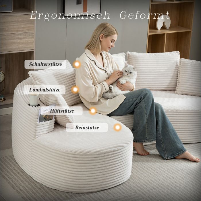 Canapé arrondi beige en velours côtelé 250 x 152 x 82 cm porte-gobelets poche latérale et coussins inclus