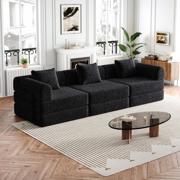 Canapé convertible 3 places en chenille noir avec rangement dans l’accoudoir modulable